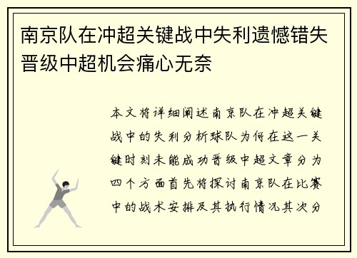 南京队在冲超关键战中失利遗憾错失晋级中超机会痛心无奈