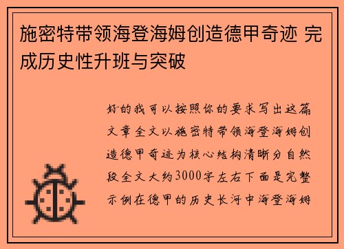施密特带领海登海姆创造德甲奇迹 完成历史性升班与突破